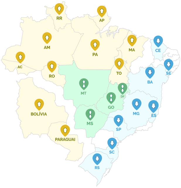 Mapa com mais de 30 unidades em 20 estados do Brasil, além de Bolívia e Paraguai